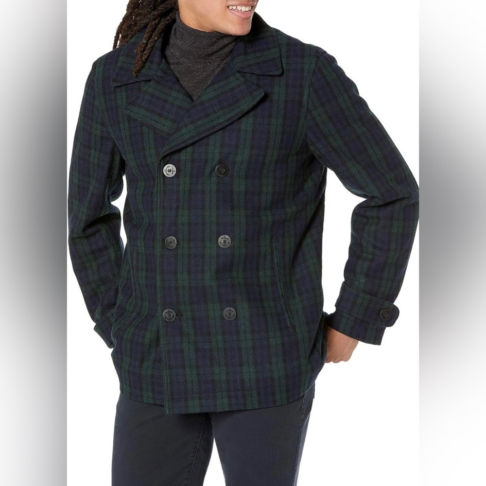 Amazon Essentials Men's Double-Breasted Heavy Wool Blend Peacoat Black Plaid​​
